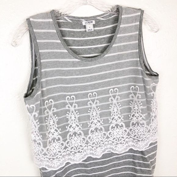 J. Crew‎ Embroidered Lace Gray White Stripe Tank Top Small - Picture 2 of 7